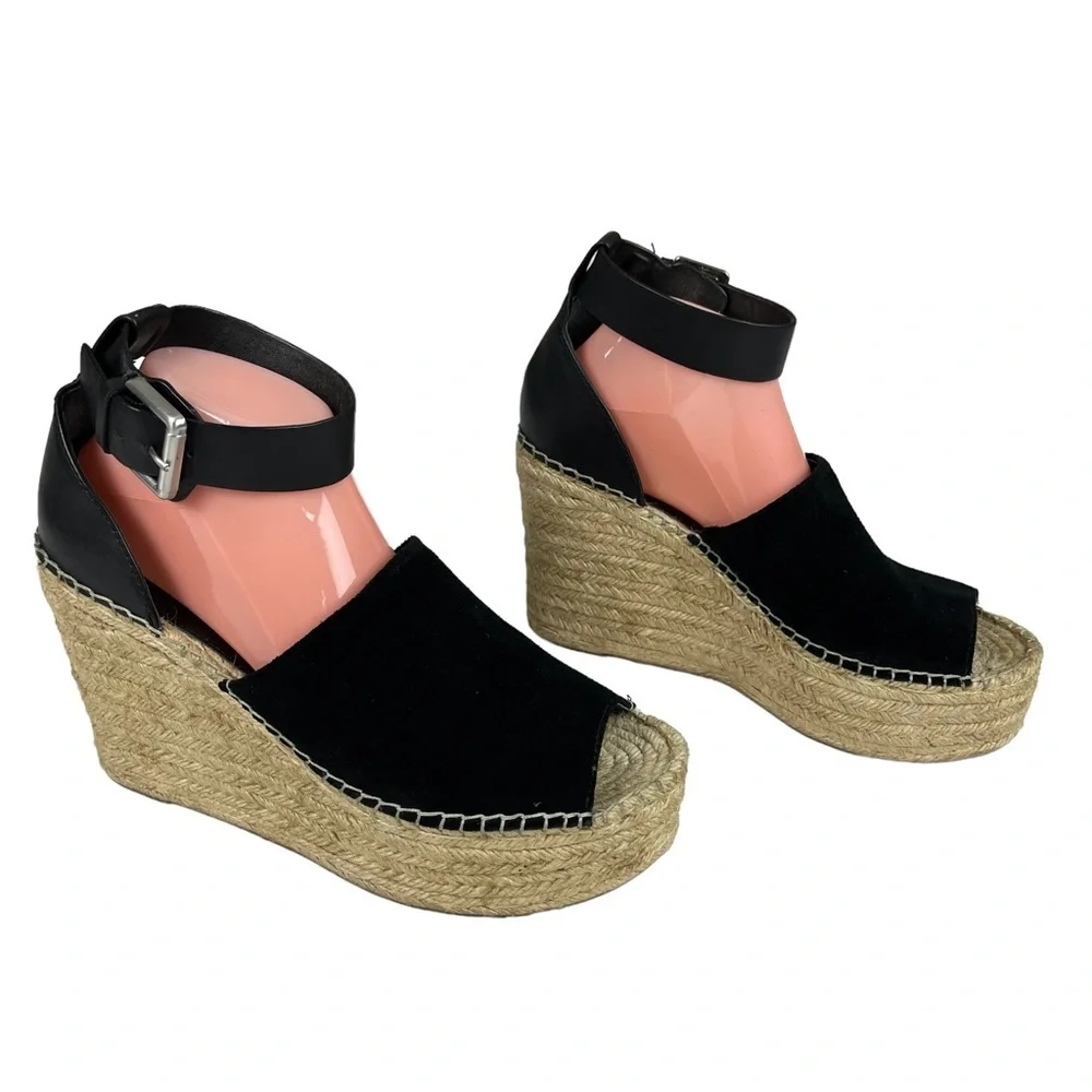 Marc Fisher Adalyn Black Suede Espadrille Platform Wedge Sandals‎ Size 10